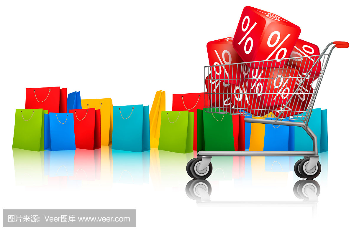 背景与购物彩色购物袋和购物车与销售。矢量插图。